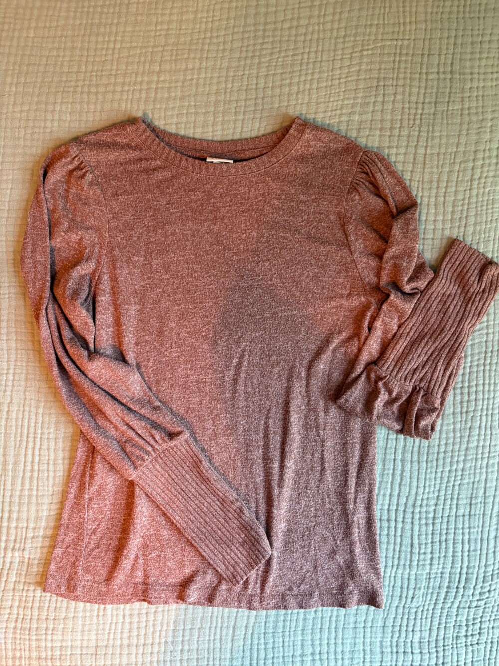 A New Day Women’s Small Puff Sleeve Knit Top Ribbed Cuff Mauve Brown